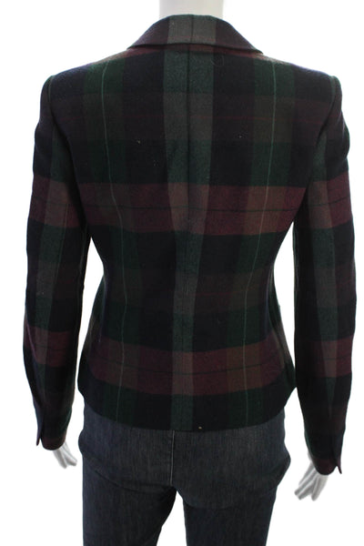Theory Womens Green Plaid Wool Blazer Collared Button Long Sleeve Size 2