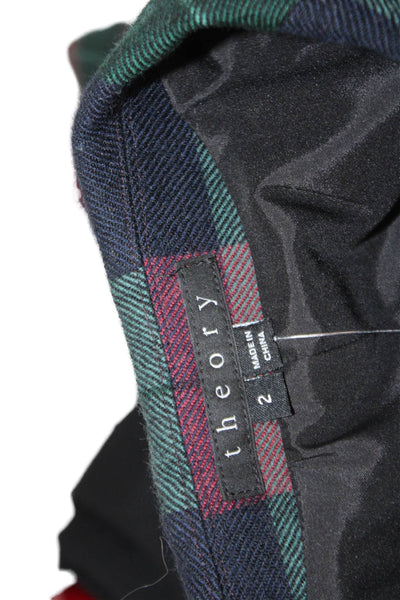 Theory Womens Green Plaid Wool Blazer Collared Button Long Sleeve Size 2
