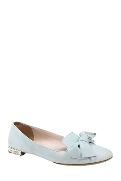 Miu Miu Womens Suede Bow Accent Rhinestoned Heel Flats Blue Size 38