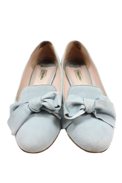 Miu Miu Womens Suede Bow Accent Rhinestoned Heel Flats Blue Size 38