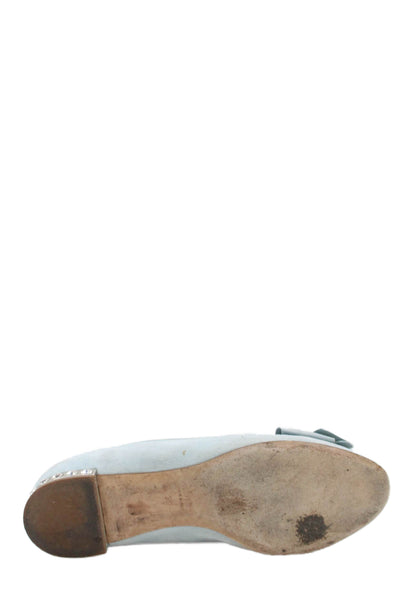 Miu Miu Womens Suede Bow Accent Rhinestoned Heel Flats Blue Size 38