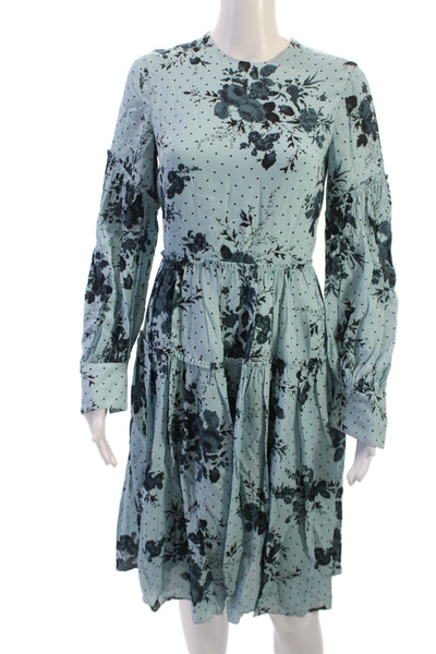 Erdem Womens Fit & Flare Dress Light Blue Silk Floral Long Sleeve Size 2