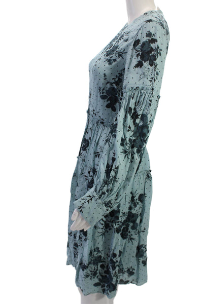 Erdem Womens Fit & Flare Dress Light Blue Silk Floral Long Sleeve Size 2