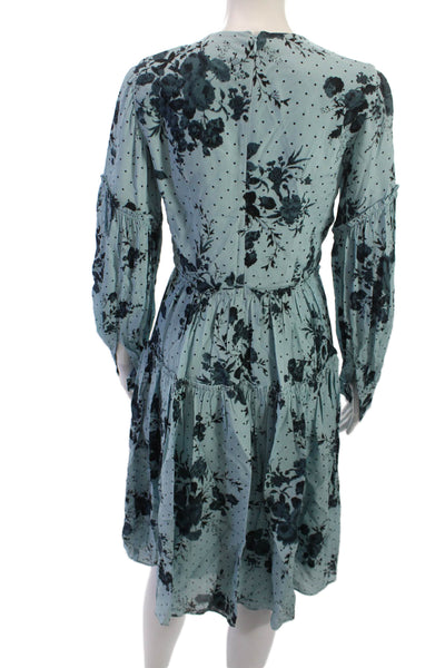 Erdem Womens Fit & Flare Dress Light Blue Silk Floral Long Sleeve Size 2