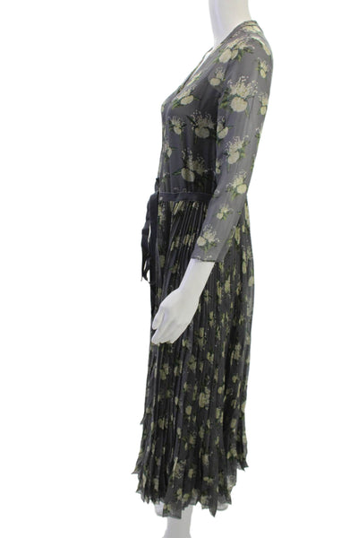 Christian Dior Women Maxi Floral Silk Midi Dress Dark Gray 3/4 Sleeve Size 6