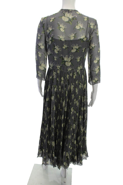 Christian Dior Women Maxi Floral Silk Midi Dress Dark Gray 3/4 Sleeve Size 6