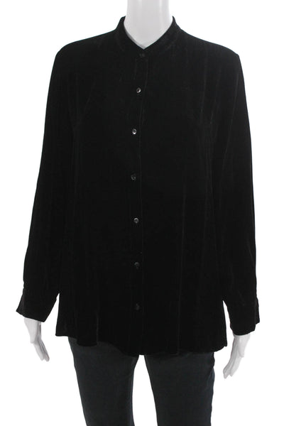 Eileen Fisher Women Black Mock Neck Button Up Long Sleeve Blouse Size S