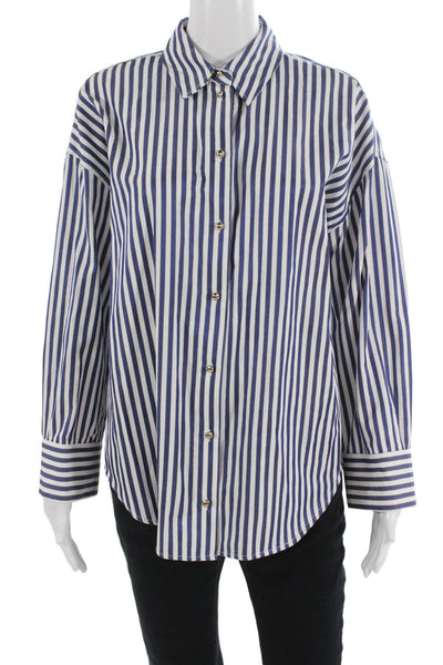 Zara Womens Blue Striped Cotton Collared Button-Up Long Sleeve Top Size M