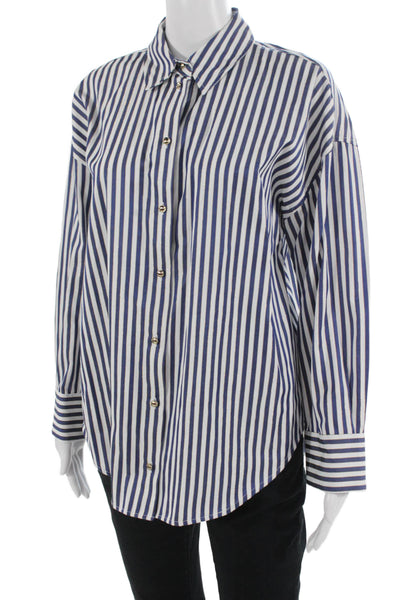 Zara Womens Blue Striped Cotton Collared Button-Up Long Sleeve Top Size M