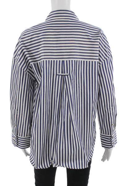 Zara Womens Blue Striped Cotton Collared Button-Up Long Sleeve Top Size M