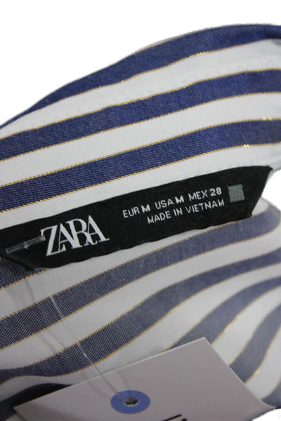 Zara Womens Blue Striped Cotton Collared Button-Up Long Sleeve Top Size M