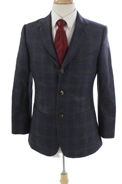 Michael Andrews Mens Dark Blue Plaid Wool Blazer Collared Button Size 38