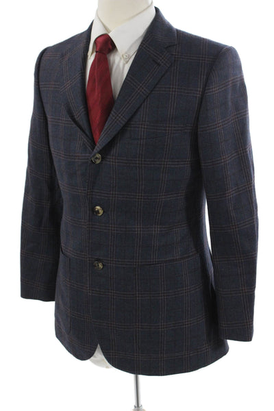 Michael Andrews Mens Dark Blue Plaid Wool Blazer Collared Button Size 38