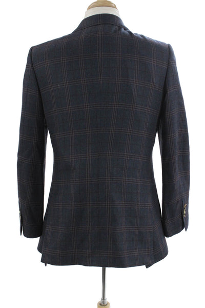 Michael Andrews Mens Dark Blue Plaid Wool Blazer Collared Button Size 38