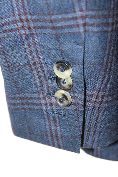Michael Andrews Mens Dark Blue Plaid Wool Blazer Collared Button Size 38