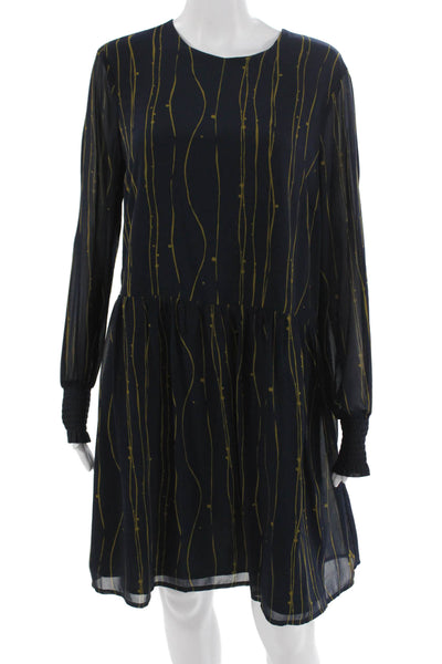 Y.A.S Women A-Line Shift Dress Dark Blue Striped Long Sleeve Round Neck Size L