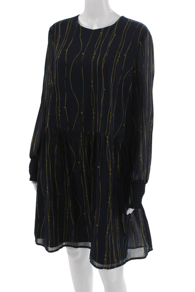 Y.A.S Women A-Line Shift Dress Dark Blue Striped Long Sleeve Round Neck Size L
