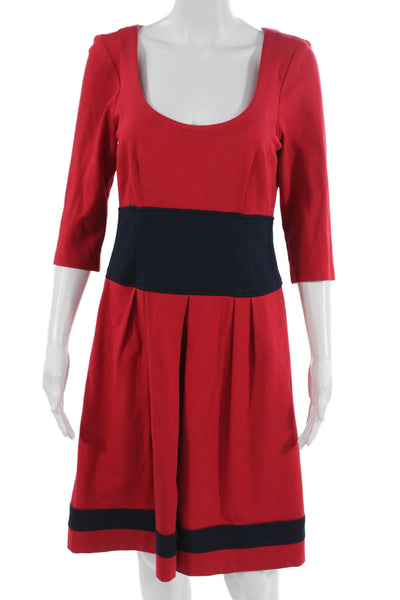 Nanette Lepore Women Fit & Flare Dress Red 3/4 Sleeve Round Neck Zip Size 8