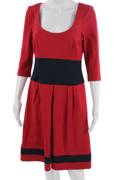 Nanette Lepore Women Fit & Flare Dress Red 3/4 Sleeve Round Neck Zip Size 8
