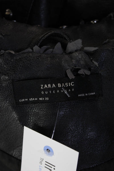 Zara Basic Women Biker Motorcycle Jacket Black Faux Leather Button Size M