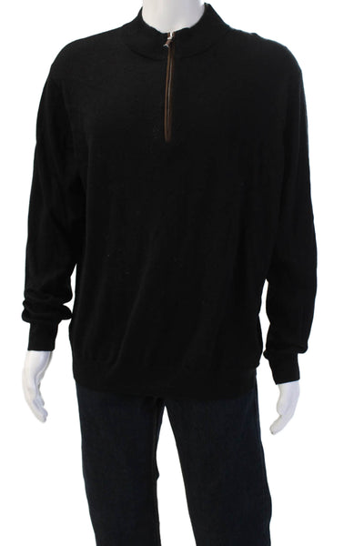 Peter Millar Mens Pullover Sweater Black Mock Neck Zip Merino Lyocell Size XL