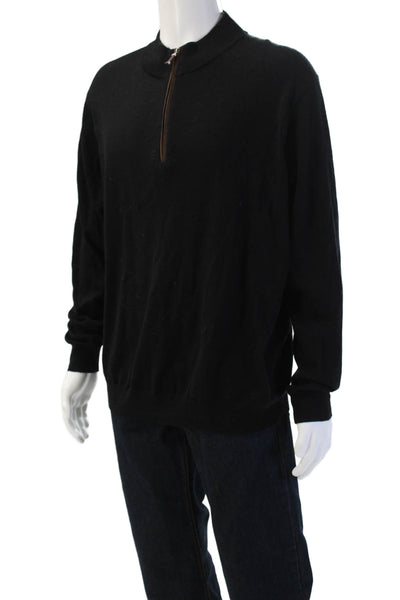 Peter Millar Mens Pullover Sweater Black Mock Neck Zip Merino Lyocell Size XL