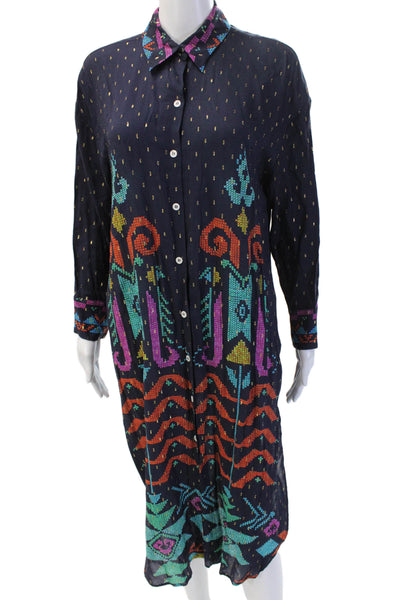 Zara Women Shirt Dress Dark Blue Collared Geometric Long Sleeve Size S