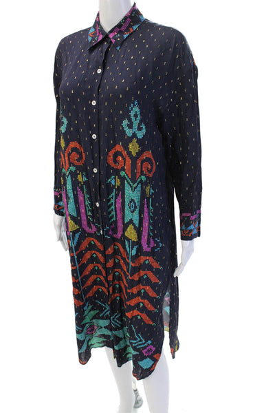 Zara Women Shirt Dress Dark Blue Collared Geometric Long Sleeve Size S