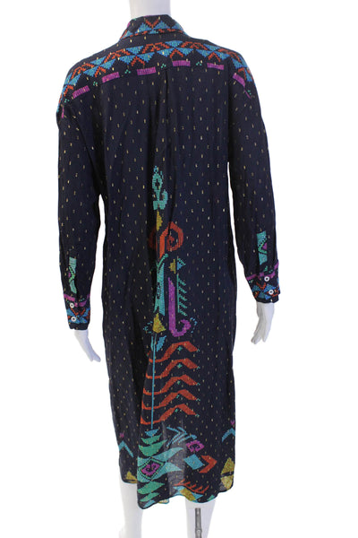 Zara Women Shirt Dress Dark Blue Collared Geometric Long Sleeve Size S