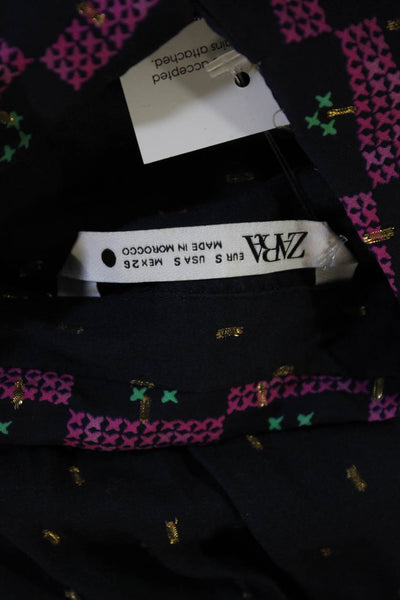 Zara Women Shirt Dress Dark Blue Collared Geometric Long Sleeve Size S