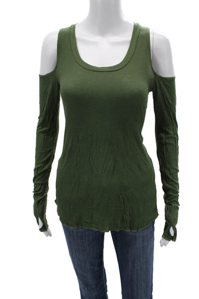 Michael Lauren Womens Army Green Cotton Long Sleeve Round Neck Top Size M