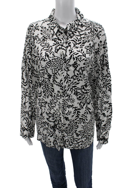 Zara Women Black Floral Collared Button Up Viscose Long Sleeve Blouse Size XL