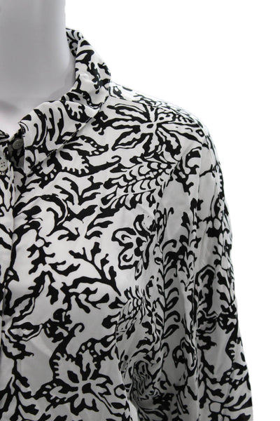 Zara Women Black Floral Collared Button Up Viscose Long Sleeve Blouse Size XL