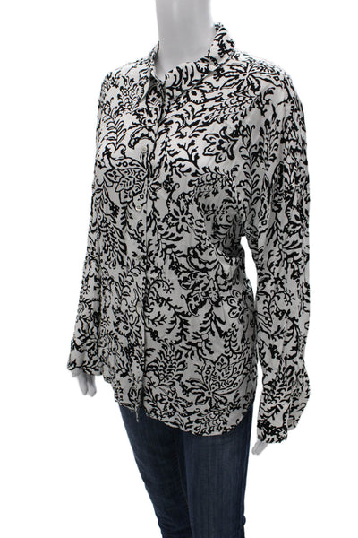 Zara Women Black Floral Collared Button Up Viscose Long Sleeve Blouse Size XL