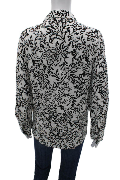 Zara Women Black Floral Collared Button Up Viscose Long Sleeve Blouse Size XL