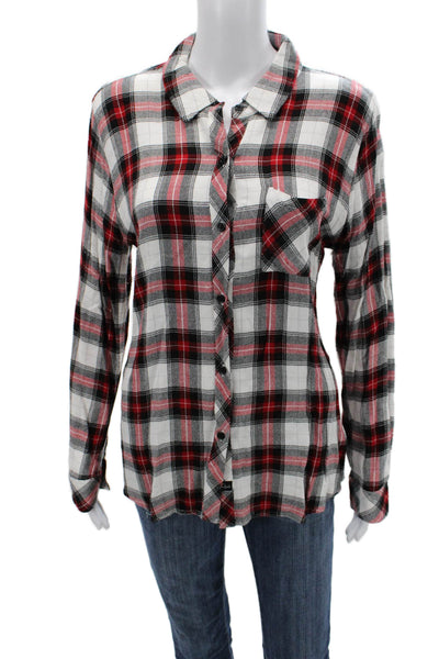 Rails Women Plaid Collared Button-Up Shirt Black Rayon Long Sleeve Size L