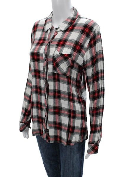 Rails Women Plaid Collared Button-Up Shirt Black Rayon Long Sleeve Size L