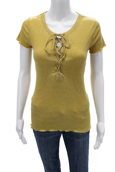 Chaser Womens Basic Lace Up Yellow Short Sleeve Round Neck T-Shirt Size M