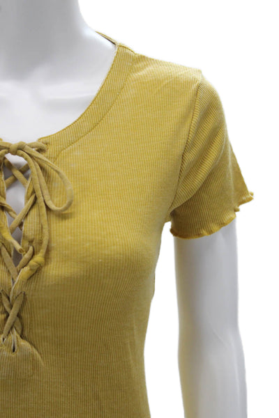 Chaser Womens Basic Lace Up Yellow Short Sleeve Round Neck T-Shirt Size M