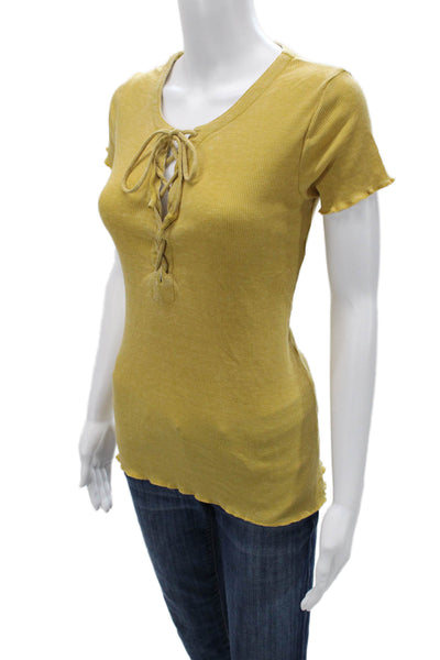 Chaser Womens Basic Lace Up Yellow Short Sleeve Round Neck T-Shirt Size M