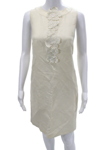 Andrew Gn Women Shift Dress Beige Floral Sleeveless Round Neck Linen Size 4