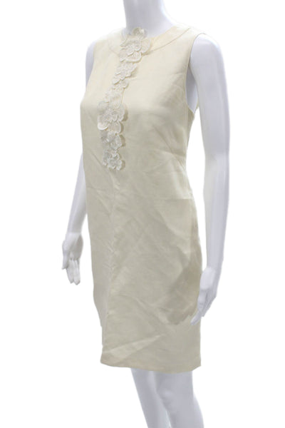 Andrew Gn Women Shift Dress Beige Floral Sleeveless Round Neck Linen Size 4
