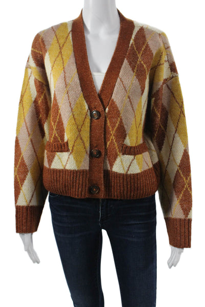 Design History Unisex Cardigan Brown Argyle V-Neck Button Long Sleeve Size M