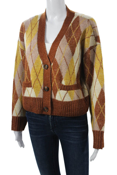 Design History Unisex Cardigan Brown Argyle V-Neck Button Long Sleeve Size M