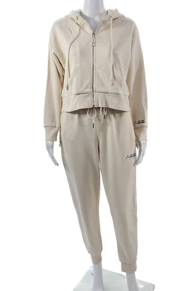 Adam Selman Unisex Full-zip Hoodie Beige Drawstring Cotton Polyester Size L