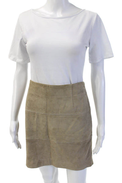 Brunello Cucinelli Women Straight Pencil Leather Mini Skirt Beige Size 12