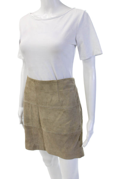 Brunello Cucinelli Women Straight Pencil Leather Mini Skirt Beige Size 12