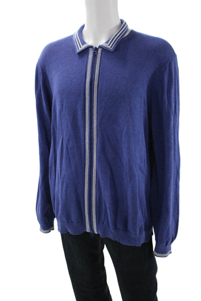 Paul Fredrick Mens Striped Cotton Collared Full Zip Cardigan Size 2XL