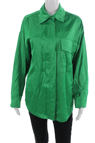 Zara Women Green Collared Long Sleeve Button-Up Top Size XS
