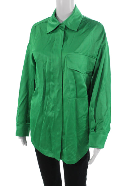 Zara Women Green Collared Long Sleeve Button-Up Top Size XS